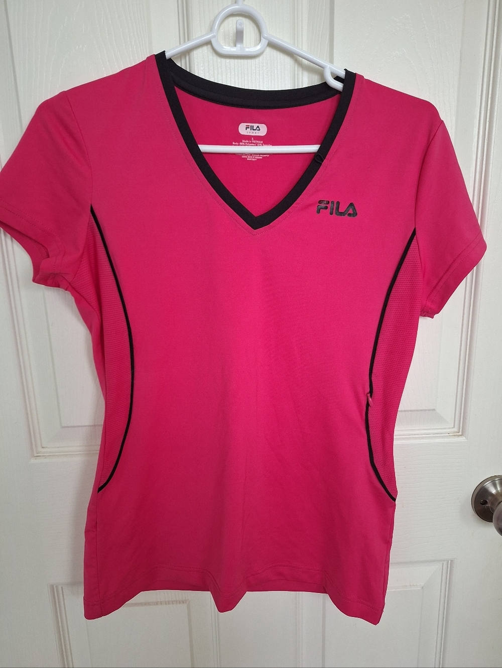 Fila Women's Hot Pink V-Neck Short Sleeve Athletic Tee with Black Trim